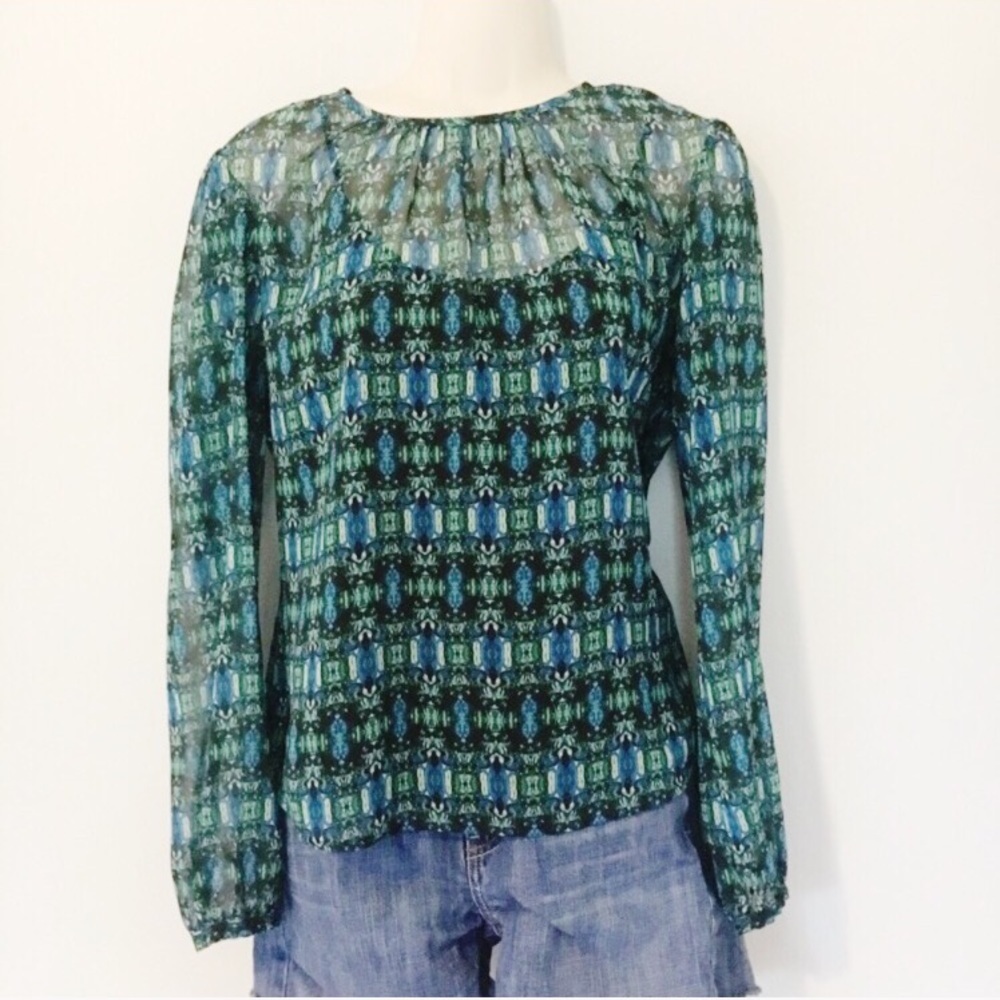 Vince Camuto Sheer Green Blue Jewel Pattern Blouse